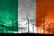 Ireland flag wind farm at sunset, sustainable development, renewable energy