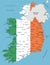 Ireland highly detailed political map with national flag isolated on white background.