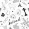 Ireland Sketch Doodles Seamless Pattern. Irish Elements with flag and map of Ireland, Celtic Cross, Castle, Shamrock, Celtic Harp,