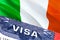 Ireland Visa Document, with Ireland flag in background. Ireland flag with Close up text VISA on USA visa stamp in passport,3D