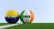 Ireland vs. Colombia Soccer Match - Soccer balls in Ireland and Colombia national colors on a soccer field.