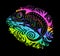 Iridescent Hand Drawn Vector Doodle Chameleon Isolated om Black.