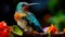 Iridescent Hummingbird Resting Beside Orange Blossoms. Generative AI