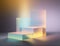 iridescent shimmer of trickling luminous fog spreading a soft glow over the horizon. Podium, empty showcase for