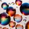 Iridiscent vibrant rainbow bubbles on white background