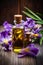 Iris essential oil in a bottle. Generative AI,
