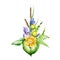 Iris, lily, fern flower arrangement watercolor illustration. Hand drawn realistic botanical flowers in elegant decoration element.