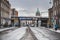 Irish Architecture and cityscape: gardiner Street covered by snow with the Custom House dome above a bridge. Dublin, Ireland