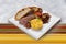 Irish breakfast, sausage, scrambled eggs, mushrooms, bacon, ciabatta toast