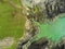 Irish coast line in the west, Aerial top down view, Rough stone shoreline and green pasture