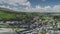 Irish coastal cityscape aerial view: pier Ballycastle, Co Antrim. Yachts, ships on ocean bay waters