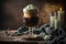 Irish coffee with foam served in a large transparent mug or glass. A dark strong drink standing in an atmospheric bar.