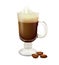 Irish coffee in a glass with coffee beans on white background