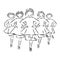 Irish Dance Troupe Jumping Together in Traditional Dresses and Ghillies. Irish dancing vector sketch illustration