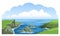 Irish green rocky coastline. Seascape panoramic view. Ocean landscape with big cloud. Nature hand-drawn illustration