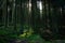 Irish Idyllic dark forest with it`s magical green trees, moss, cones and plants.