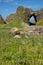 Irish landscape, green grass covered sea coast, with stone hill and cave, next to Ballintoy