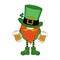 Irish leprechaun, clover leaf and beer mugs