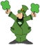 Irish leprechaun holding up two giant green clovers