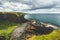 Irish shoreline under the cloudy sky background.