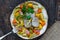 Irish stew with pork and vegetables cooked in cider - top view