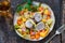 Irish stew with pork and vegetables cooked in cider - top view