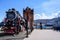 Irkutsk region, Russia, Slyudyanka - April 12, 2019: Old locomotive train monument on Central square with water tower