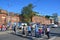 Irkutsk, Russia, August, 29, 2017. People crossing the road at the regulated pedestrian crossing in front of the theatre of young