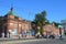 Irkutsk, Russia, August, 29, 2017. People crossing the road at the regulated pedestrian crossing in front of the theatre of young