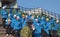 Irkutsk, Russia - Feb, 26 2012: The team of bandy players from Finland at the spectator stands of the stadium