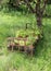 Iron bed frame under tree with flowers and plants.