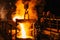 Iron casting. Molten metal pouring from blast furnace into ladle. Steel production in foundry workshop. Metallurgical