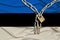 Iron chain and lock on Estonia`s silk national flag with beautiful folds, the concept of a ban on tourism, political repression,