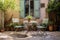 iron chairs and table set up in a mediterranean courtyard