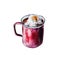 The iron enameled red mug of coffee with white marshmallows. object on white background, watercolor illustration.