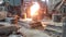 iron flowing in steelworks. Industrial details of metallurgic factory or plant. Details of smelting metal