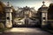 iron gates at the entrance to a grand and opulent mansion, with manicured grounds and rolling hills in the background