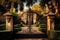 iron gates open, revealing majestic mansion and lush gardens within