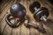 Iron kettlebell and dumbbells - fitness concept, pinhole image