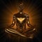 Iron man figure yoga lotus pose stylized golden body energy flash rays