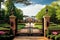 iron mansion gates, with view of sprawling estate, surrounded by manicured lawns and flowering gardens