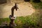 An iron rusty corrosive old industrial water supply pipe for water supply with a flange moving with nuts and studs sticks out