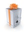 Iron safe decorated with an orange ribbon.