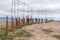 Iron sculpture of a group of pilgrims in the Alto del PerdÃ³n the Mount of Forgiveness in the Camino de Santiago, Navarre, Spain.