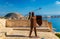 Iron statue of a medieval warrior at Santa Barbara Castle in Alicante, Spain