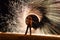 Iron wool circle drawing light fireworks. Burning Steel Wool spinning, Trajectories of burning sparks at night. Movement light eff