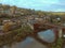 Ironbridge and the river underneath with the church in the background drone photo