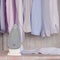 Ironed items and iron on ironing board