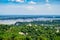 Irrawaddy Bridge or Ayeyarwady, Yadanabon Bridges with Mandalay city, temples, pagoda, Irrawaddy river. View from sagaing hill.