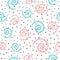 Irregular polka dot and repeated spirals drawn by hand with rough brush. Simple girlish seamless pattern.